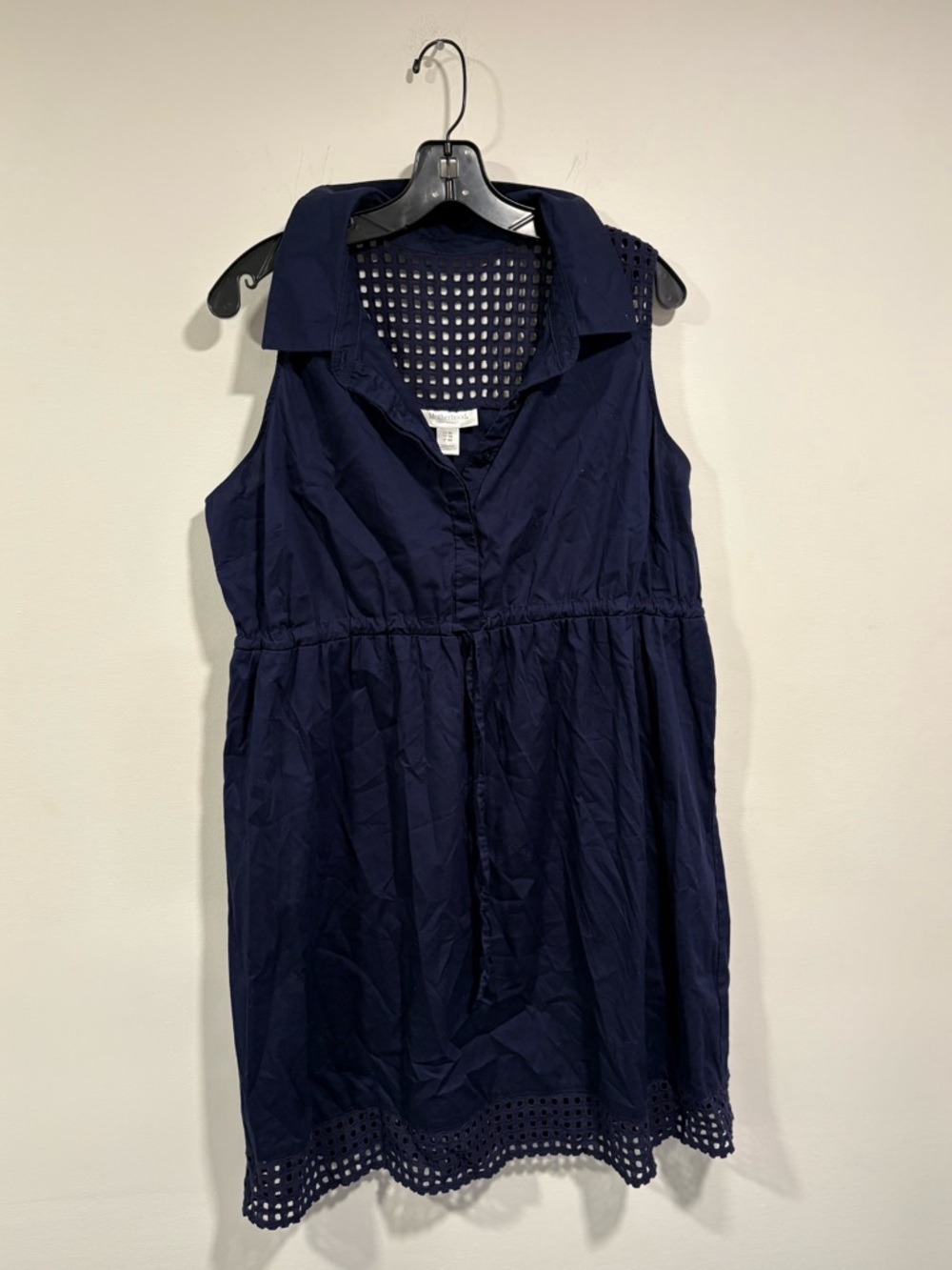 Motherhood Navy Sleeveless Collared Eyelet-Hem Maternity Dress